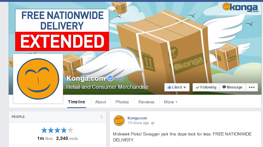 Konga, 1 million, likes, social baker