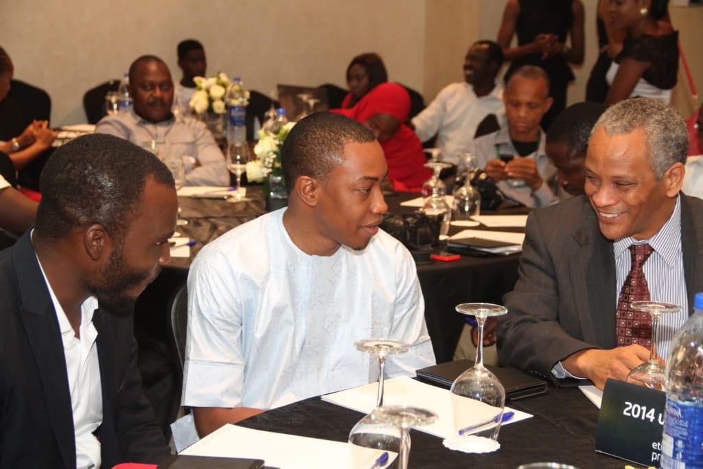 (L-R): Winner, Etisalat Prize for Innovation (Ideas Category), Abdulganiyu Onabanjo; Winner, Winner, Etisalat Prize for Innovation (Product/Service Category), Anthony Oniwon and udge, Etisalat Pan-African Prize for Innovation, Babatunde Fafunwa, during the event.