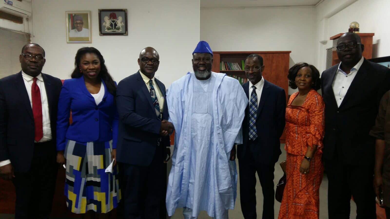 The Honourable Minister for Communication & Technology Barrister Abdur-Raheem Adebayo Shittu shaking hands with Dr. Uyi Stewart, Chief Scientist, IBM Research Africa laboratory (3rd from left); Taiwo Otiti, Country General Manager IBM West Africa (3rd from right) and other IBM executives during a courtesy visit of the IBM team to the Minister recently. 