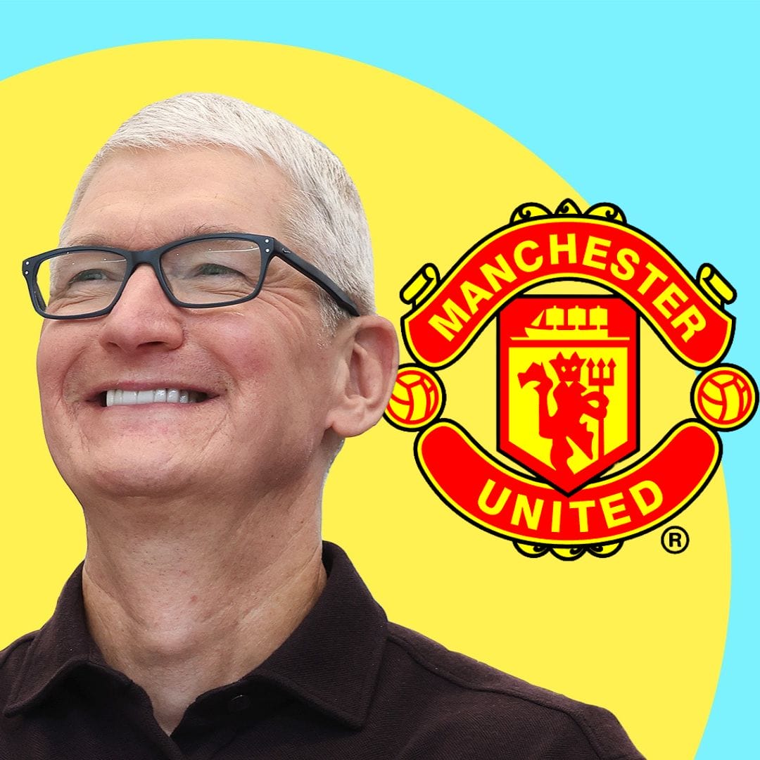 Apple CEO, Tim Cook is pictured smiling, wearing a black shirt and recommended black framed glasses against a yellow and teal background and the Manchester United football club logo behind his ear.