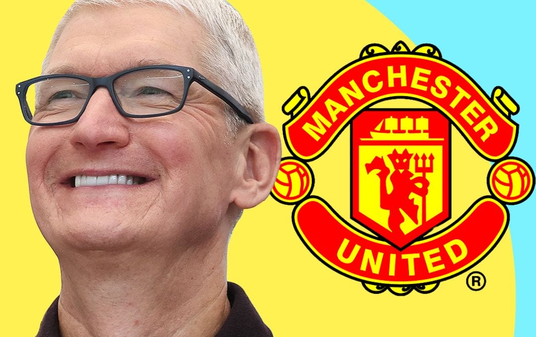 Apple CEO, Tim Cook is pictured smiling, wearing a black shirt and recommended black framed glasses against a yellow and teal background and the Manchester United football club logo behind his ear.
