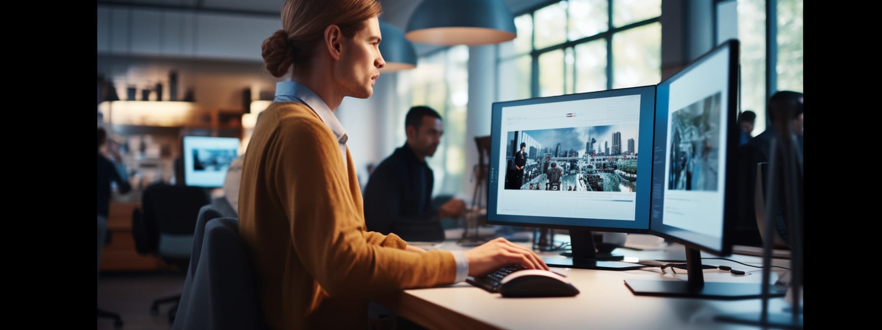 A person working on a computer with two screens implementing guided selling systems.