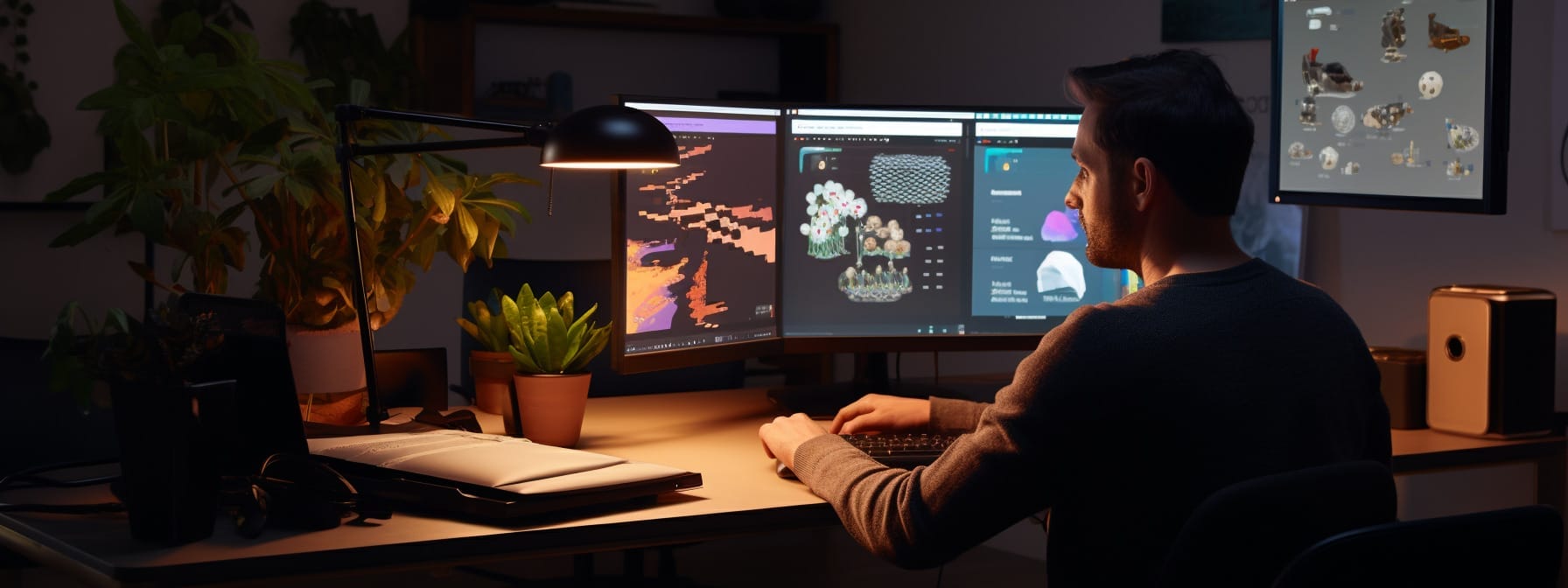 A person typing on a computer with multiple screens at a home desk utilizing guided selling systems.