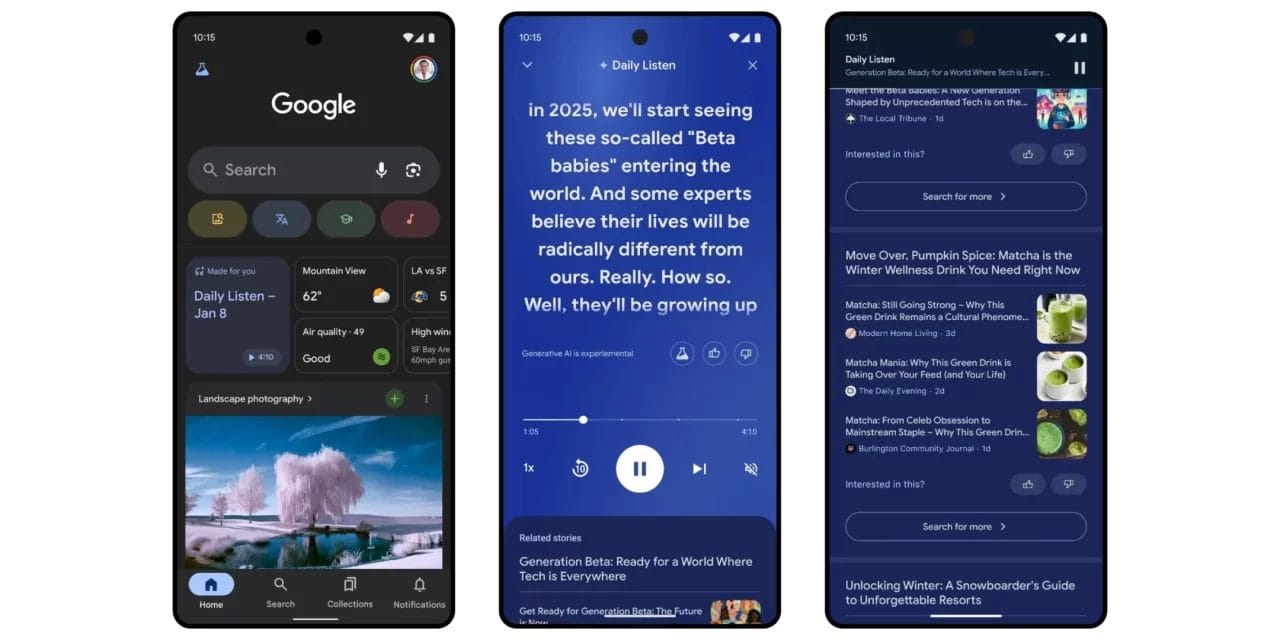  Google Daily Listen feature showcasing personalized podcast in the Discover feed.