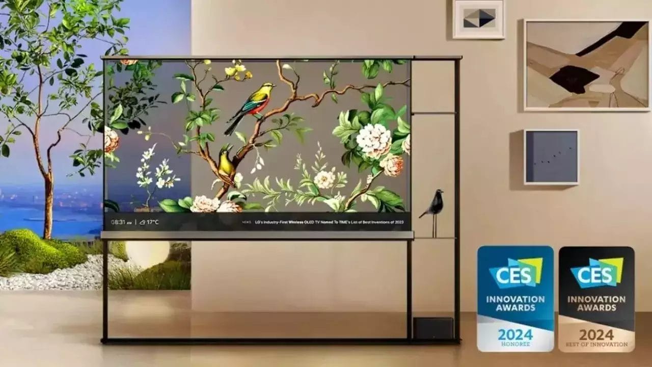 LG Signature OLED T in transparent mode, displaying content seamlessly blending with its surroundings.