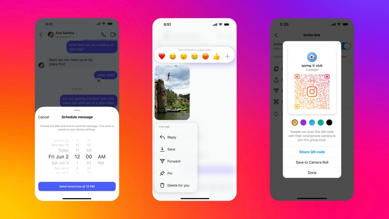  Instagram DM features showcasing message translation, music sharing, and group chat QR codes.