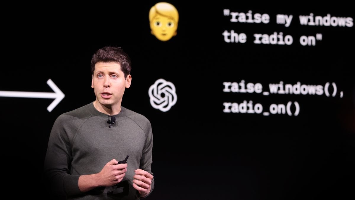 Sam Altman, CEO of OpenAI, speaking at a tech conference about the future of artificial intelligence
