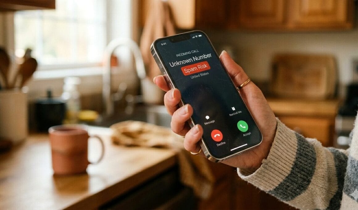 Person looking at spam call notification on a smartphone screen