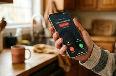 Person looking at spam call notification on a smartphone screen