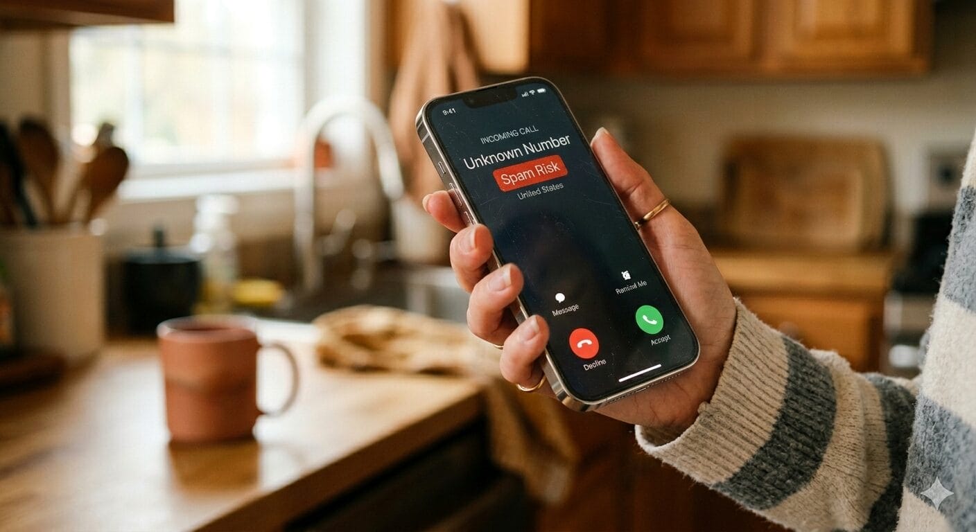 Person looking at spam call notification on a smartphone screen