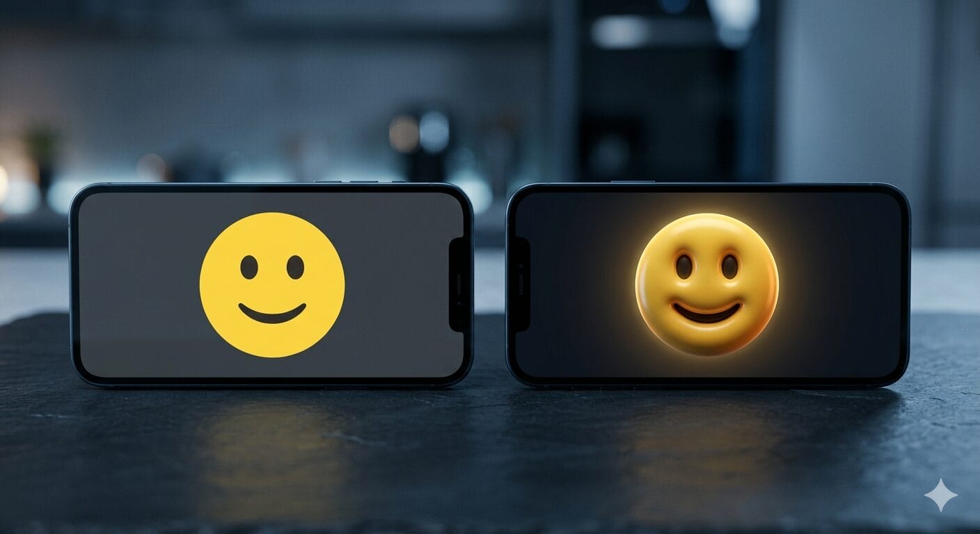 Side-by-side comparison of flat Android emoji and new Google Noto 3D emoji on smartphone screens