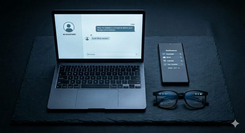Google Googlebooks laptop, Android smartphone, and smart glasses on a dark surface with blue ambient lighting