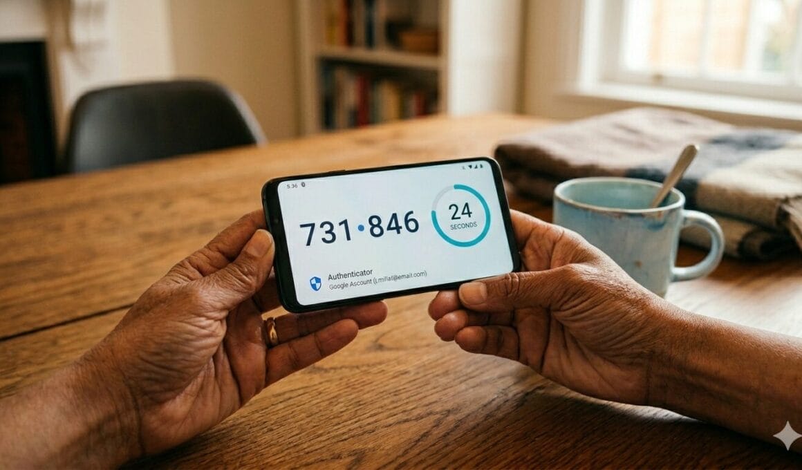 Person holding a smartphone showing a two-factor authentication code on screen
