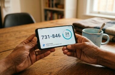 Person holding a smartphone showing a two-factor authentication code on screen