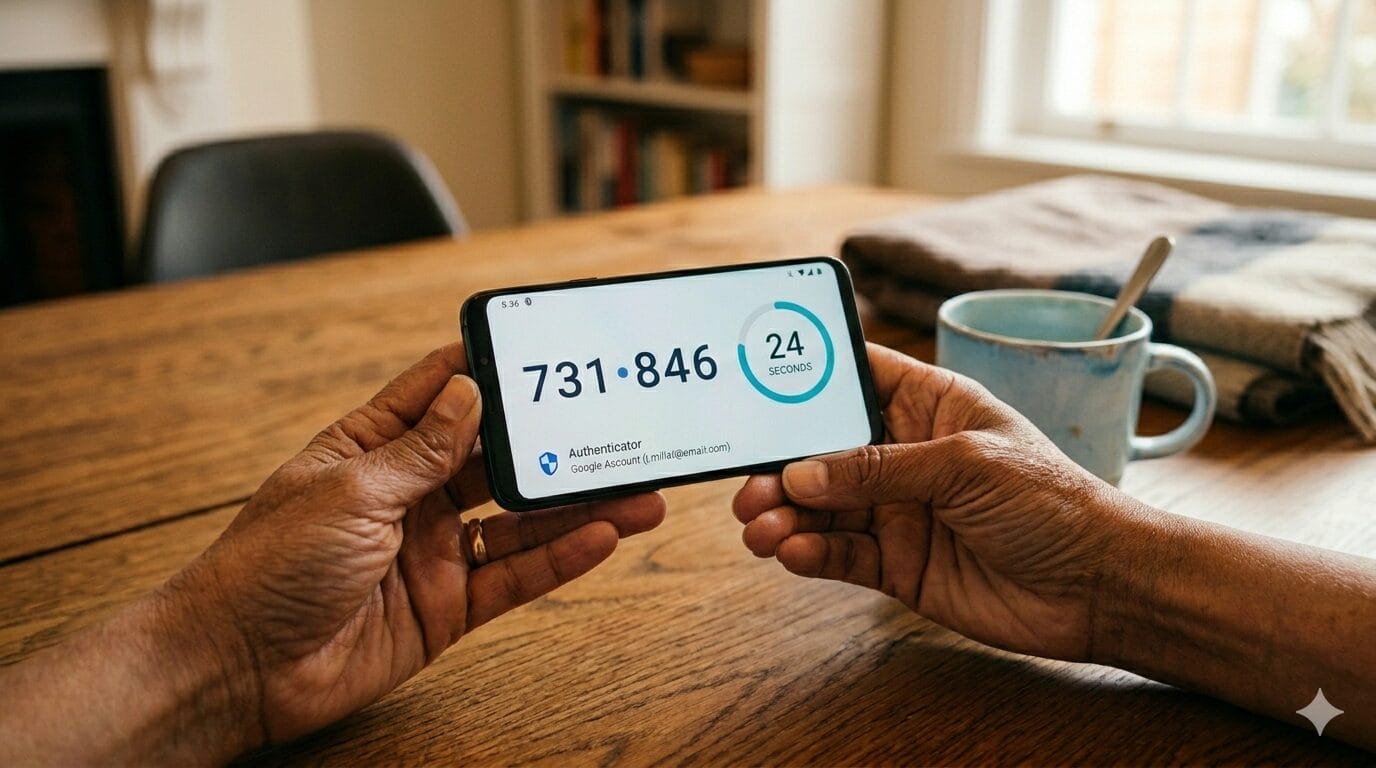 Person holding a smartphone showing a two-factor authentication code on screen